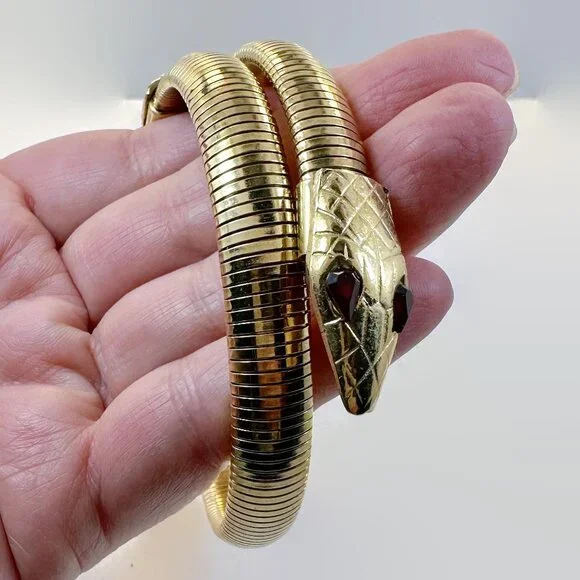 Snake Bracelet, Upper Arm, Gold Tone, Glass Eyes, Red, Vintage, Chunky, Unique - Picture 2 of 6